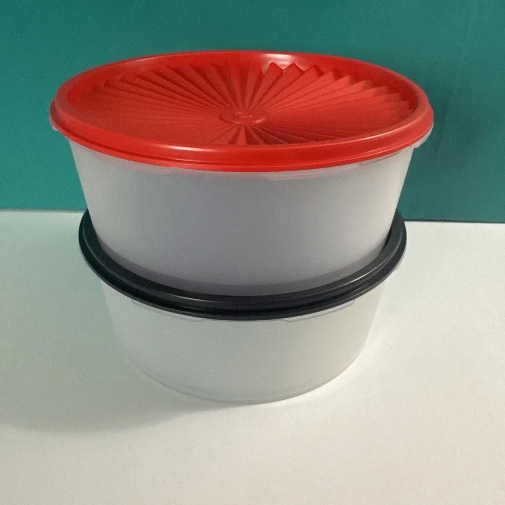 Tupperware Servalier Stacking Cookie Canisters Red & Black One Touch Seal
